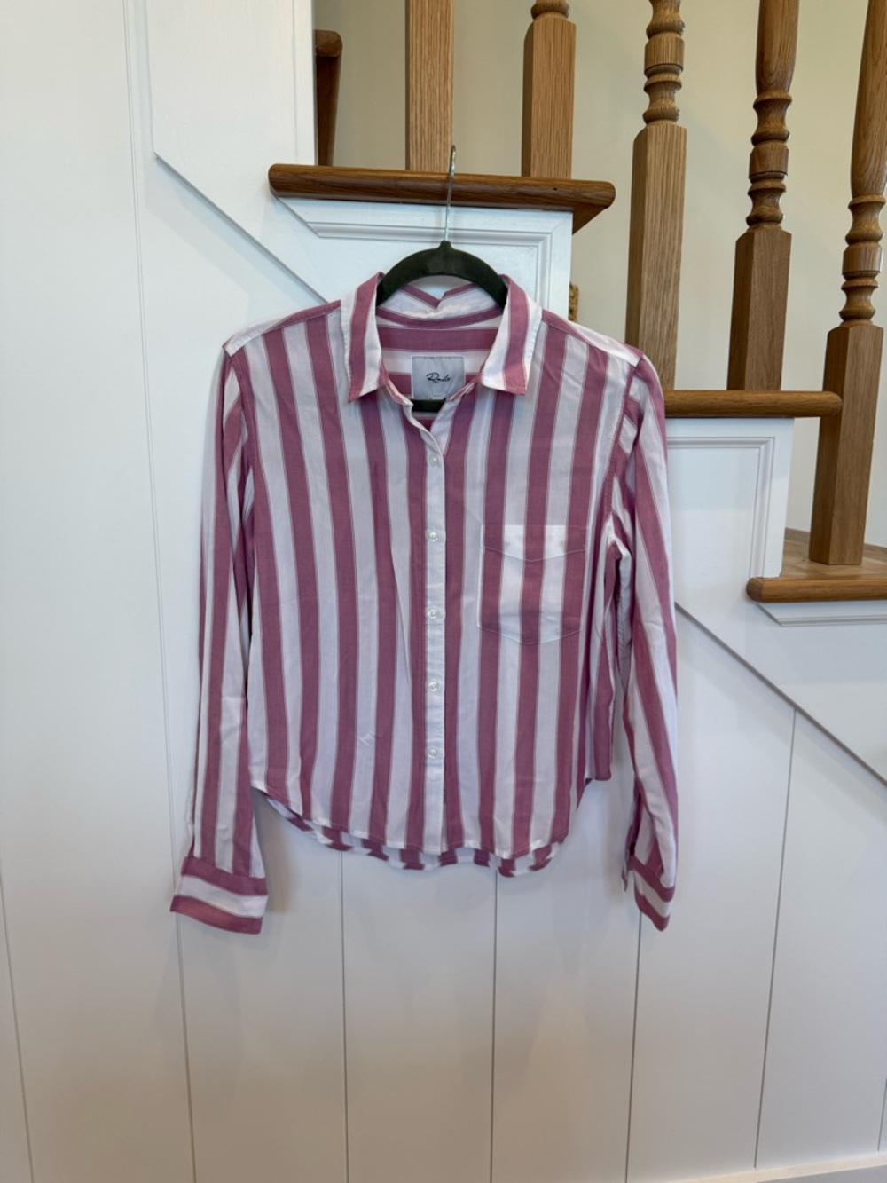 Rails Dana Bali Stripe Button Down Shirt Pink White Cropped xs